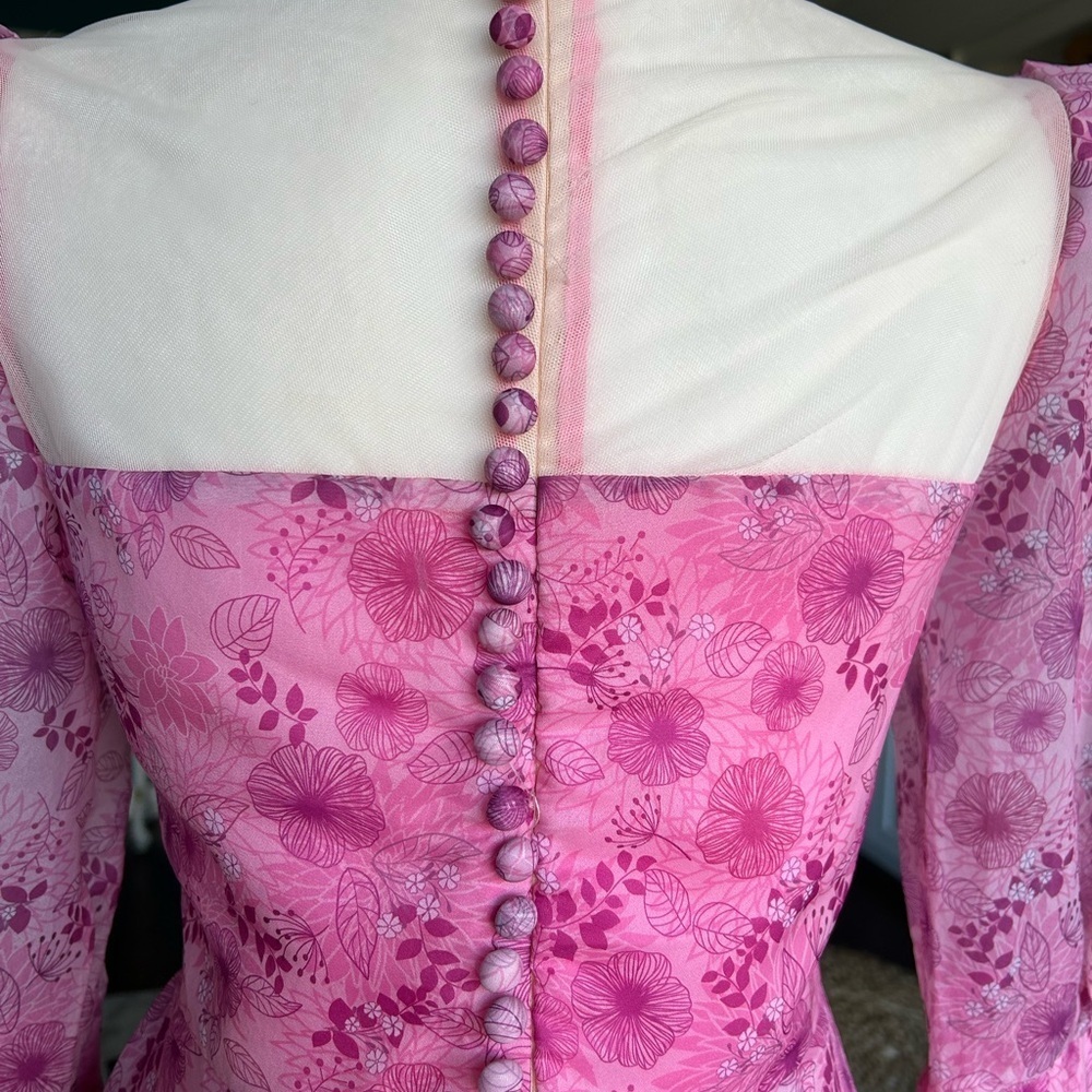 Dreamy Pink Floral Puff-Sleeve Midi Dress | Decorative Buttons | Size Small - Picture 14 of 16